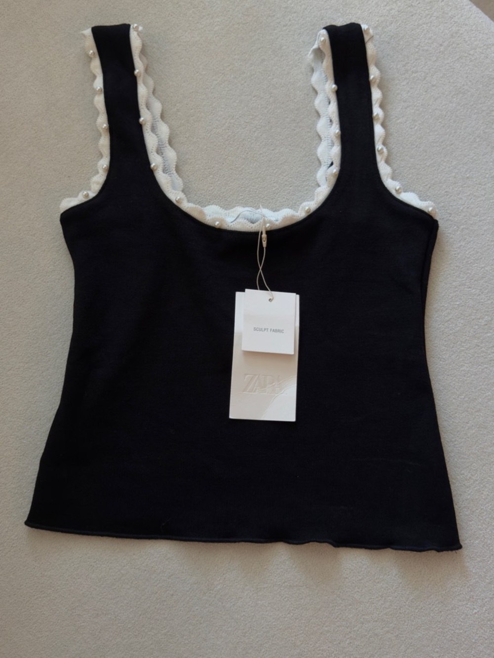 Zara Black Tank Top with White Scalloped Trim